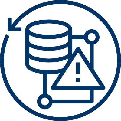 Stacked database servers with a warning symbol, encircled by a refresh arrow