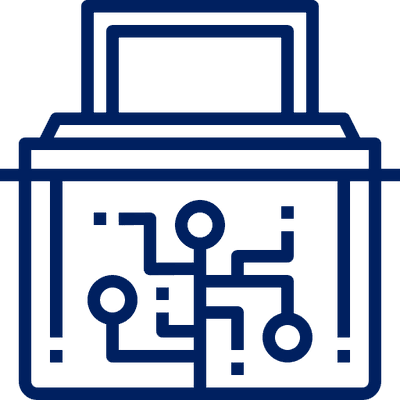 Open workstation overlaid with a circuit-board pattern